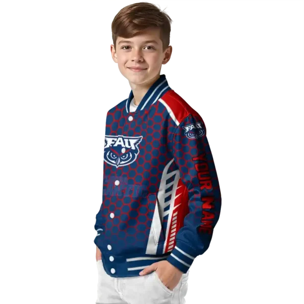 personalized florida atlantic owls hexagon grid blue varsity jacket trendy.webp