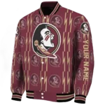 personalized florida state seminoles bolt stripe garnet varsity jacket best selling.webp