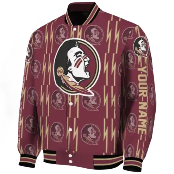 personalized florida state seminoles bolt stripe garnet varsity jacket best selling.webp