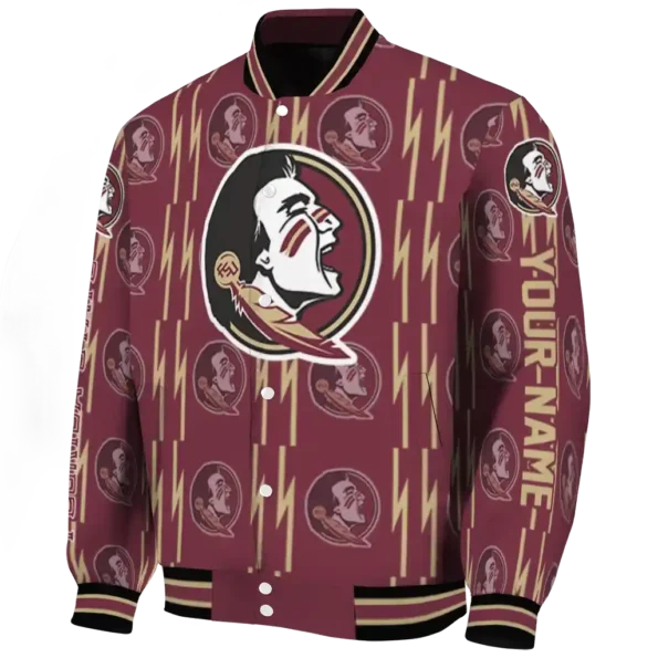 personalized florida state seminoles bolt stripe garnet varsity jacket best selling.webp