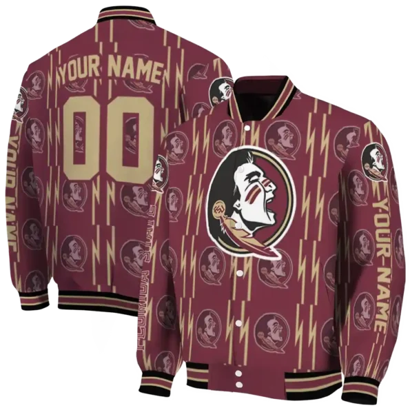 personalized florida state seminoles bolt stripe garnet varsity jacket fashion forward.webp
