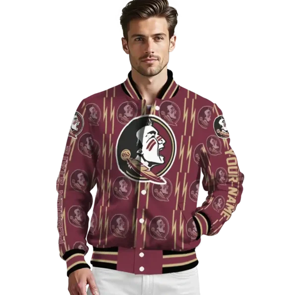 personalized florida state seminoles bolt stripe garnet varsity jacket high quality.webp