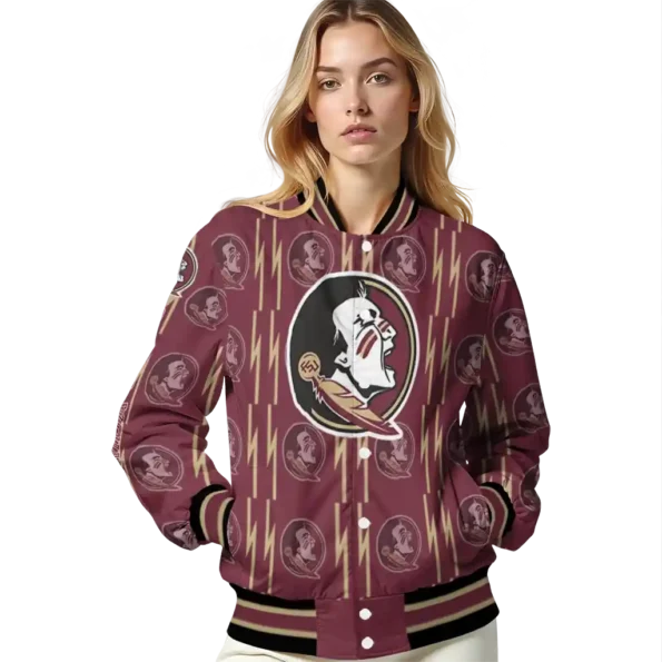 personalized florida state seminoles bolt stripe garnet varsity jacket latest model.webp