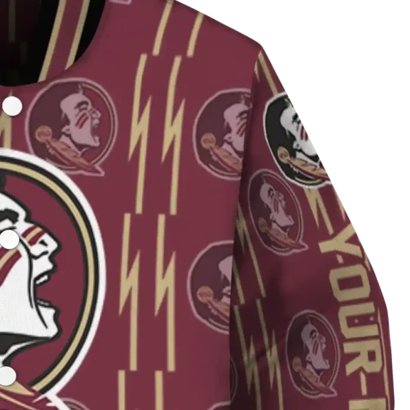 personalized florida state seminoles bolt stripe garnet varsity jacket premium grade.webp