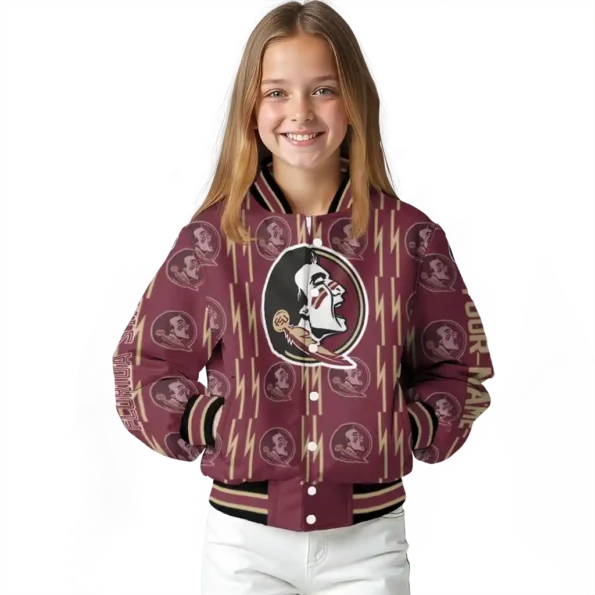 personalized florida state seminoles bolt stripe garnet varsity jacket top rated.webp