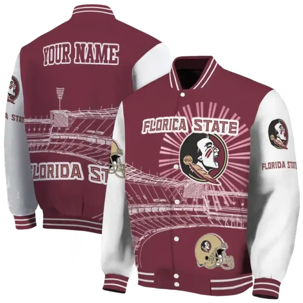 personalized florida state seminoles ferris arena garnet white varsity jacket fashion forward.webp
