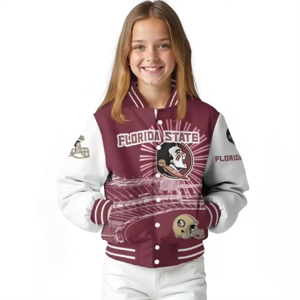 personalized florida state seminoles ferris arena garnet white varsity jacket top rated.webp