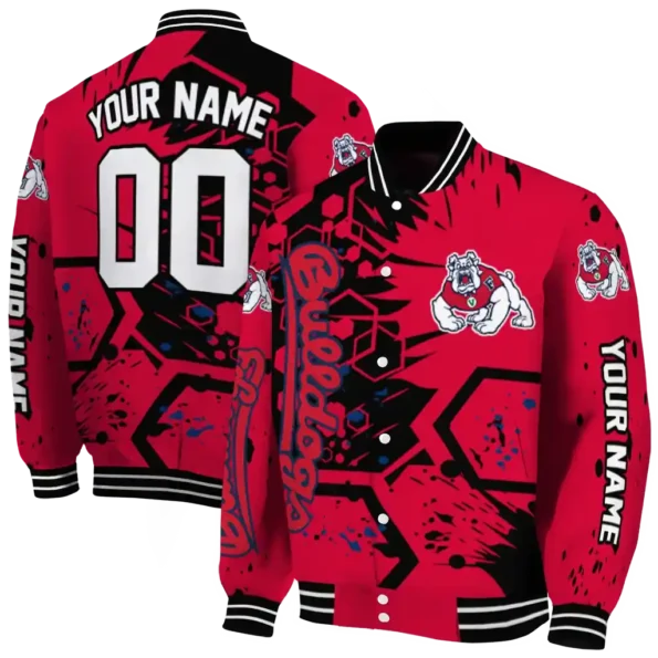 personalized fresno state bulldogs hexagon cluster red black varsity jacket fashion forward.webp