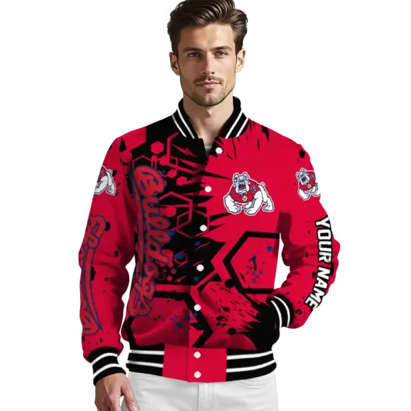 personalized fresno state bulldogs hexagon cluster red black varsity jacket high quality.webp