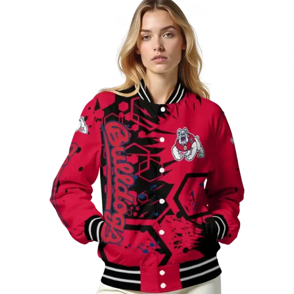 personalized fresno state bulldogs hexagon cluster red black varsity jacket latest model.webp