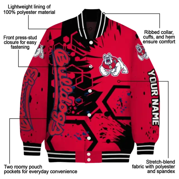 personalized fresno state bulldogs hexagon cluster red black varsity jacket new arrival.webp