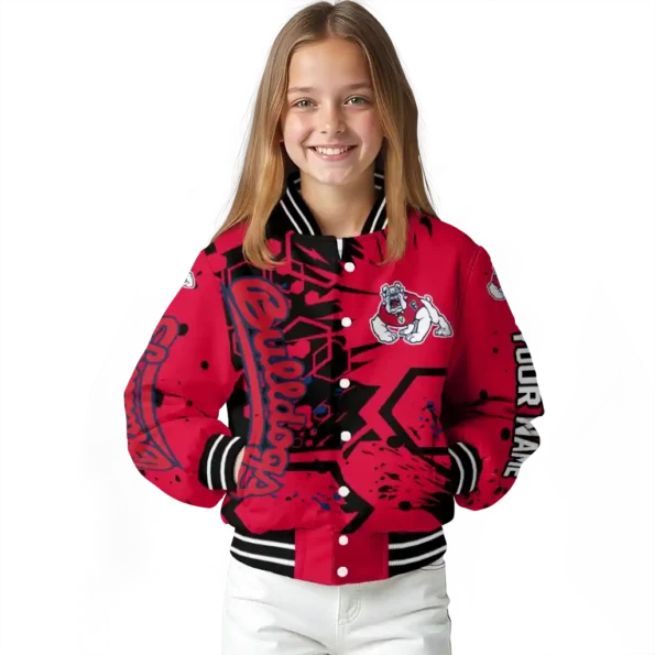 personalized fresno state bulldogs hexagon cluster red black varsity jacket top rated.webp