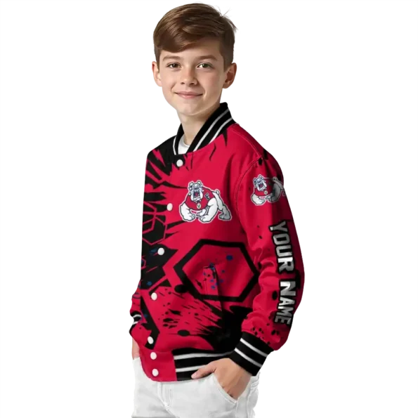 personalized fresno state bulldogs hexagon cluster red black varsity jacket trendy.webp