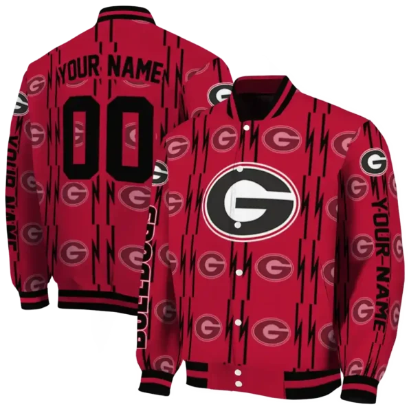 personalized georgia bulldogs bolt stripe red varsity jacket fashion forward.webp