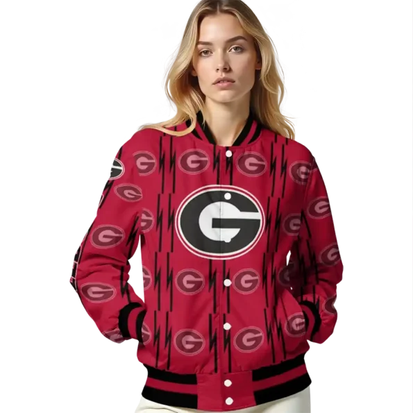 personalized georgia bulldogs bolt stripe red varsity jacket latest model.webp