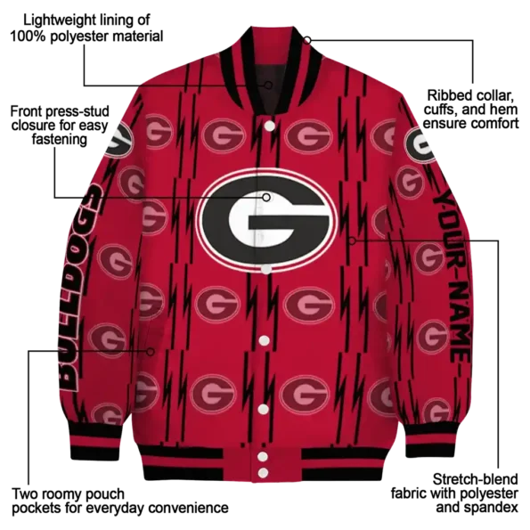 personalized georgia bulldogs bolt stripe red varsity jacket new arrival.webp