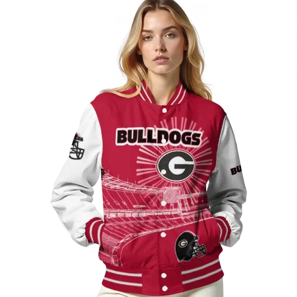 personalized georgia bulldogs ferris arena red white varsity jacket latest model.webp