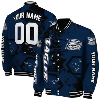 personalized georgia southern eagles hexagon cluster blue black varsity jacket fashion forward.webp