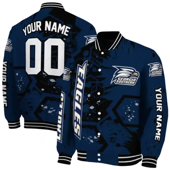 personalized georgia southern eagles hexagon cluster blue black varsity jacket fashion forward.webp