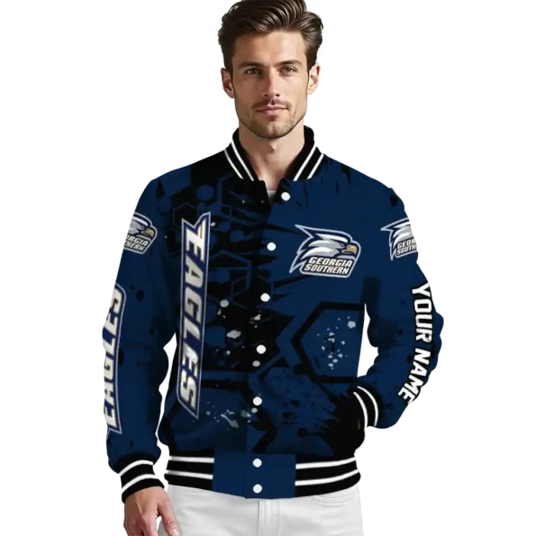 personalized georgia southern eagles hexagon cluster blue black varsity jacket high quality.webp