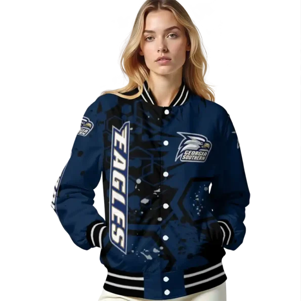 personalized georgia southern eagles hexagon cluster blue black varsity jacket latest model.webp