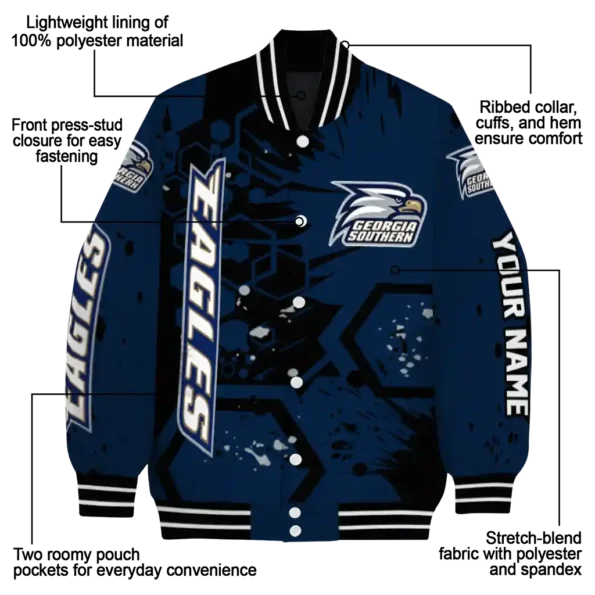 personalized georgia southern eagles hexagon cluster blue black varsity jacket new arrival.webp