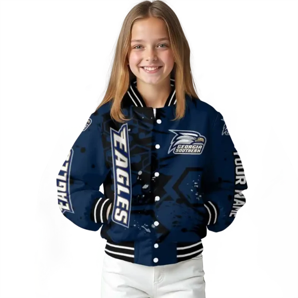 personalized georgia southern eagles hexagon cluster blue black varsity jacket top rated.webp