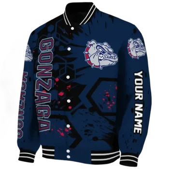 personalized gonzaga bulldogs hexagon cluster blue black varsity jacket best selling.webp