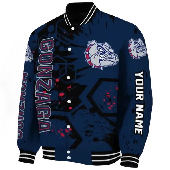 personalized gonzaga bulldogs hexagon cluster blue black varsity jacket best selling.webp