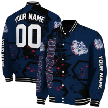personalized gonzaga bulldogs hexagon cluster blue black varsity jacket fashion forward.webp