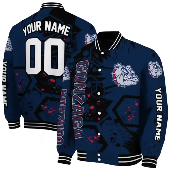 personalized gonzaga bulldogs hexagon cluster blue black varsity jacket fashion forward.webp
