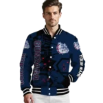 personalized gonzaga bulldogs hexagon cluster blue black varsity jacket best selling.webp