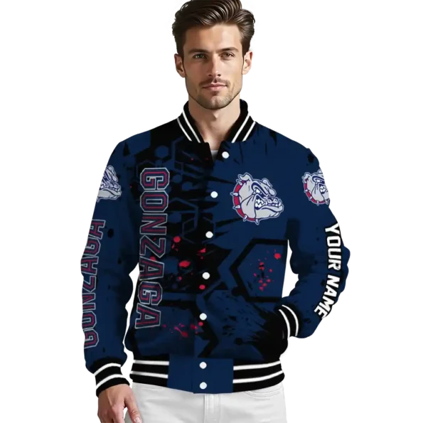 personalized gonzaga bulldogs hexagon cluster blue black varsity jacket high quality.webp