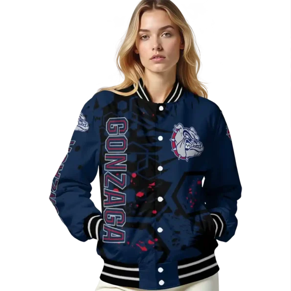 personalized gonzaga bulldogs hexagon cluster blue black varsity jacket latest model.webp