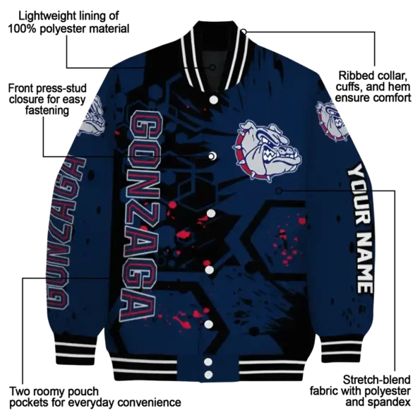 personalized gonzaga bulldogs hexagon cluster blue black varsity jacket new arrival.webp