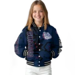 personalized gonzaga bulldogs hexagon cluster blue black varsity jacket best selling.webp