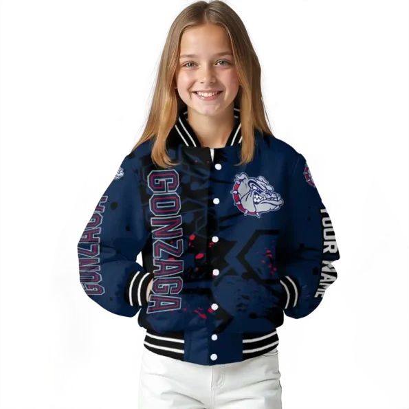 personalized gonzaga bulldogs hexagon cluster blue black varsity jacket top rated.webp