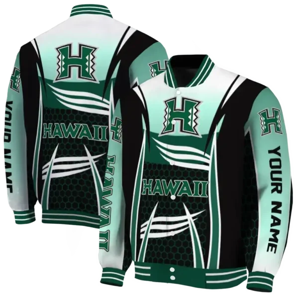 personalized hawaii rainbow warriors mesh effect green black varsity jacket fashion forward.webp