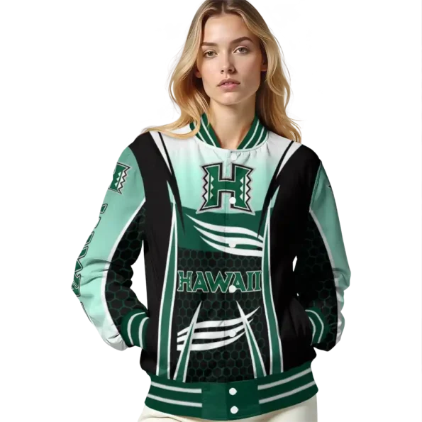 personalized hawaii rainbow warriors mesh effect green black varsity jacket latest model.webp