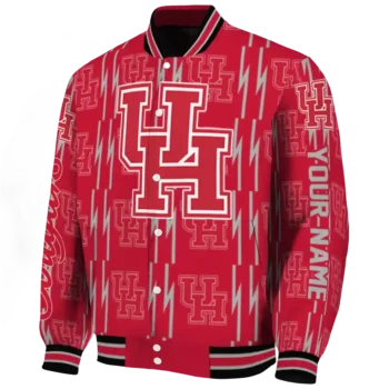 personalized houston cougars bolt stripe red varsity jacket best selling.webp