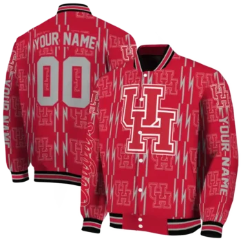 personalized houston cougars bolt stripe red varsity jacket fashion forward.webp
