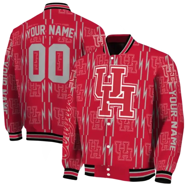 personalized houston cougars bolt stripe red varsity jacket fashion forward.webp