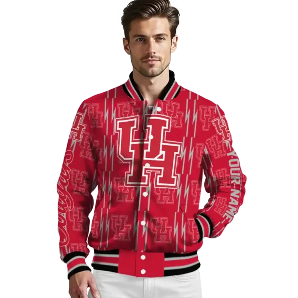 personalized houston cougars bolt stripe red varsity jacket high quality.webp