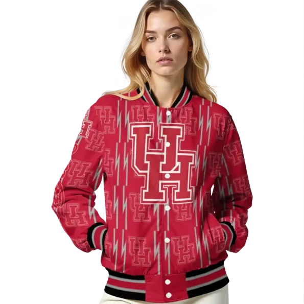 personalized houston cougars bolt stripe red varsity jacket latest model.webp