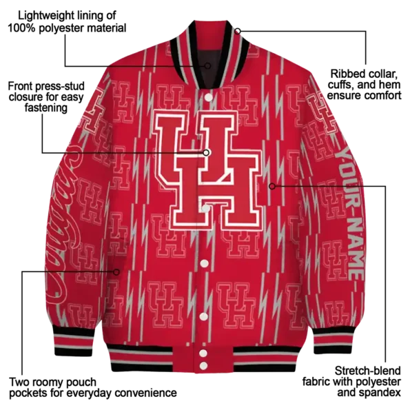personalized houston cougars bolt stripe red varsity jacket new arrival.webp