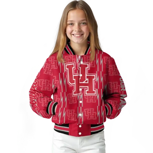 personalized houston cougars bolt stripe red varsity jacket top rated.webp