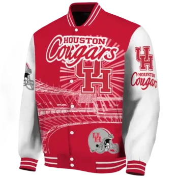 personalized houston cougars ferris arena red white varsity jacket best selling.webp