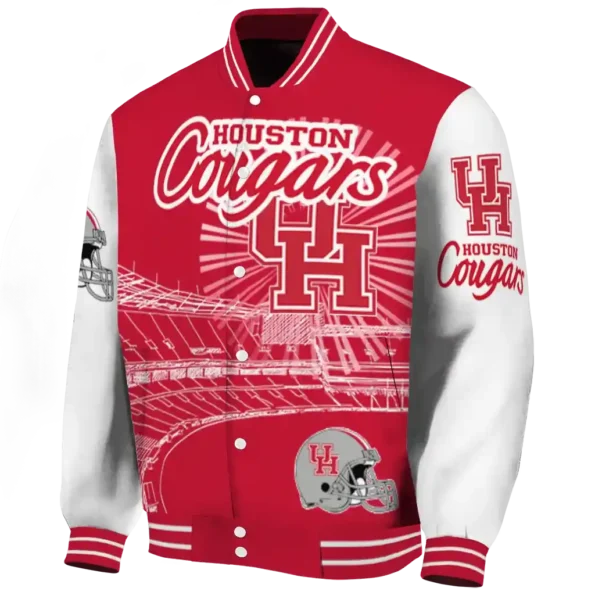 personalized houston cougars ferris arena red white varsity jacket best selling.webp