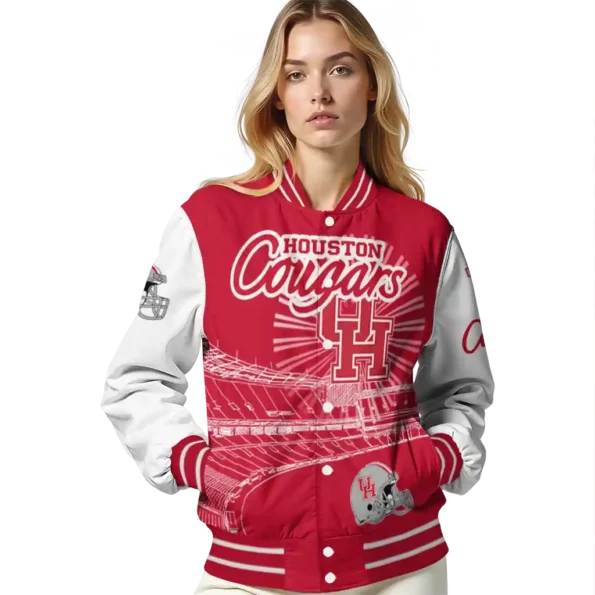 personalized houston cougars ferris arena red white varsity jacket latest model.webp