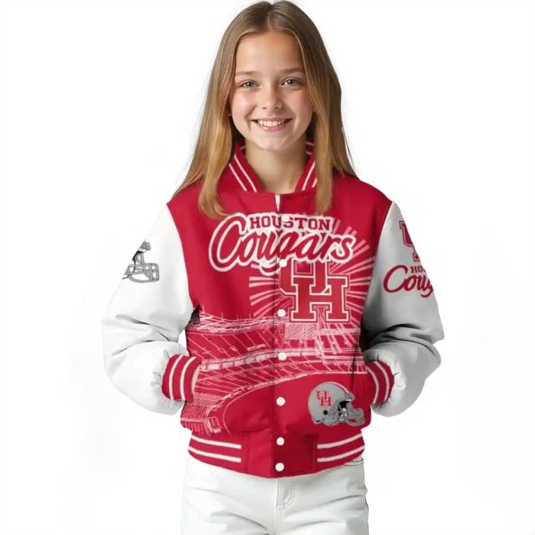 personalized houston cougars ferris arena red white varsity jacket top rated.webp